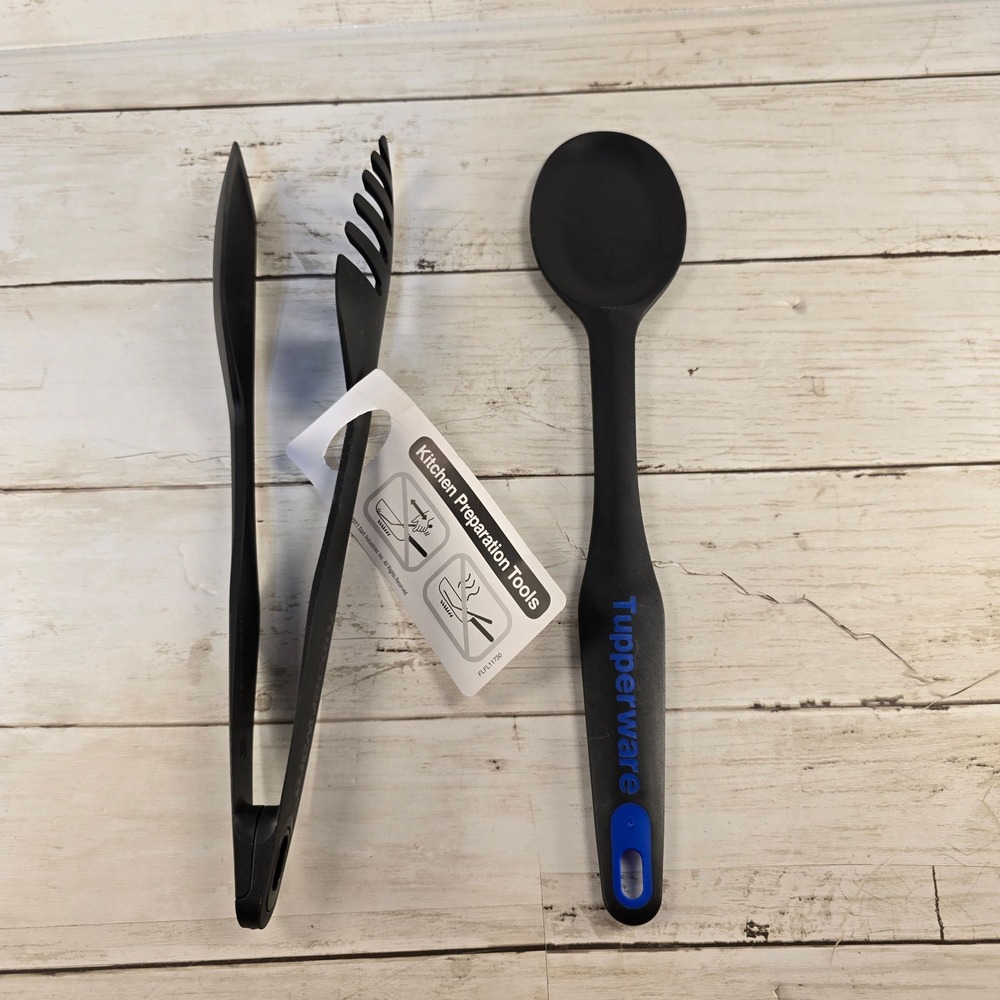 Tupperware Kitchen Preparation Tools Black Serving Spoon and Tongs‎ Set NWT